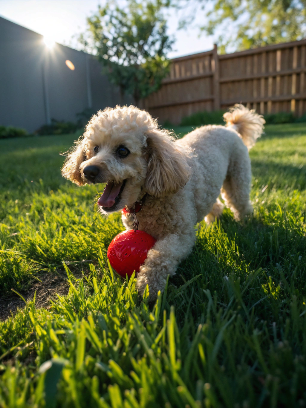 Purebred red Toy Poodle sitting gracefully in a sunlit setting